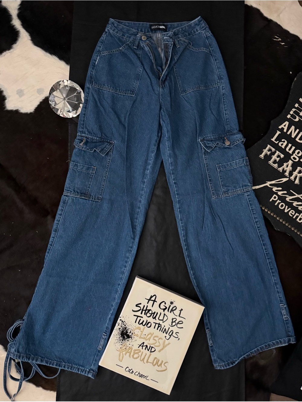 Fashion Nova Dark Blue Cargo Wide-Leg Jeans